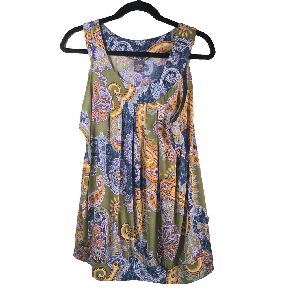 Suzie Couture Women's Size L Tank Top Olive Green Paisley V-Neck Sleeveless
